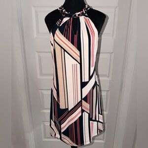 Le Chateau Black and Cream Geometric Mini Dress